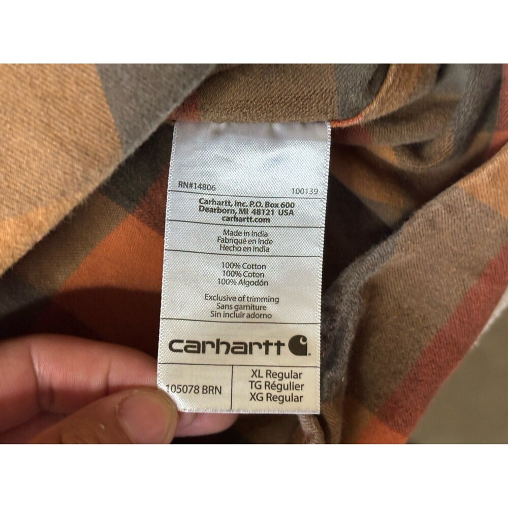 Carhartt Loose Fit Flannel Shirt Mens XL Orange Brown Plaid 105078 BRN Workwear - Picture 6 of 7